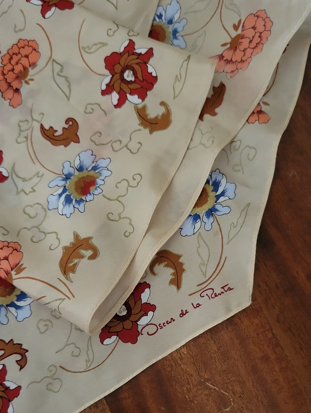 Oscar de la Renta Cream Scarf with Blue, Red and Orange Floral Print